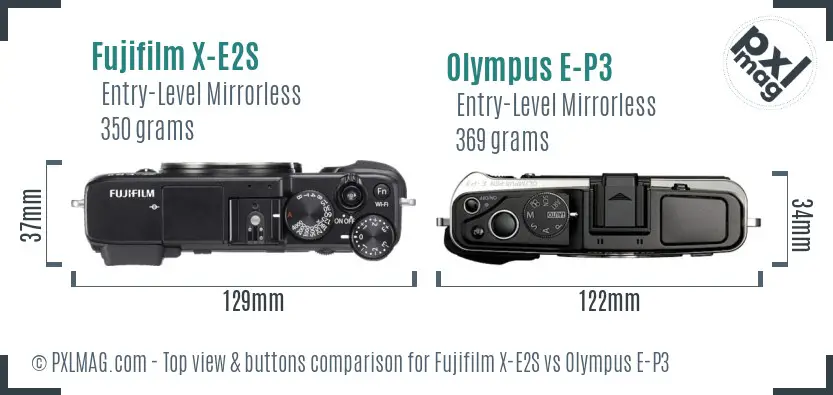 Fujifilm X-E2S vs Olympus E-P3 top view buttons comparison