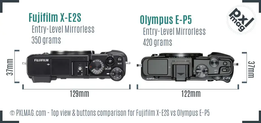 Fujifilm X-E2S vs Olympus E-P5 top view buttons comparison