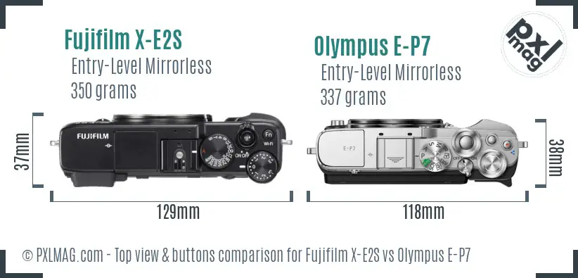 Fujifilm X-E2S vs Olympus E-P7 top view buttons comparison