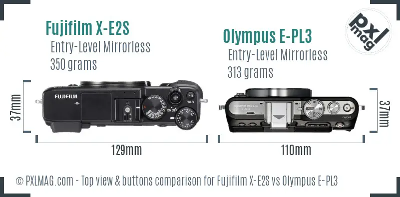 Fujifilm X-E2S vs Olympus E-PL3 top view buttons comparison
