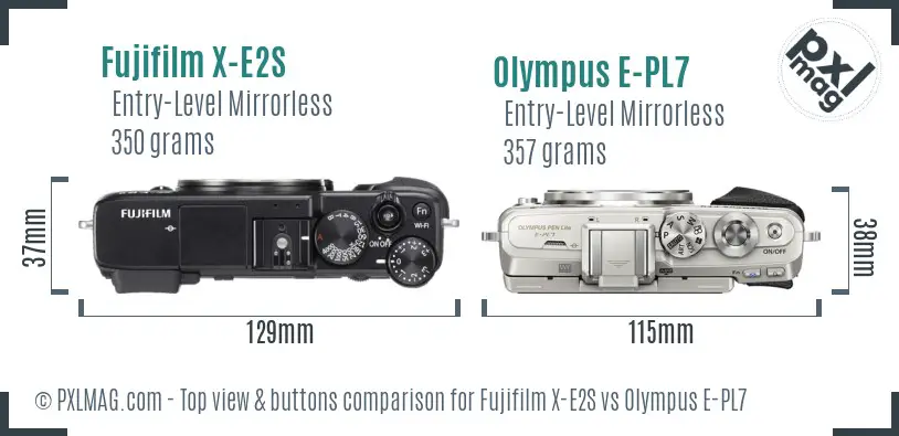 Fujifilm X-E2S vs Olympus E-PL7 top view buttons comparison