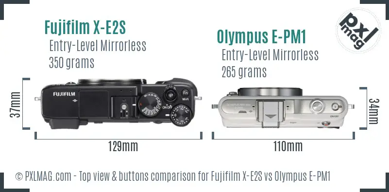 Fujifilm X-E2S vs Olympus E-PM1 top view buttons comparison