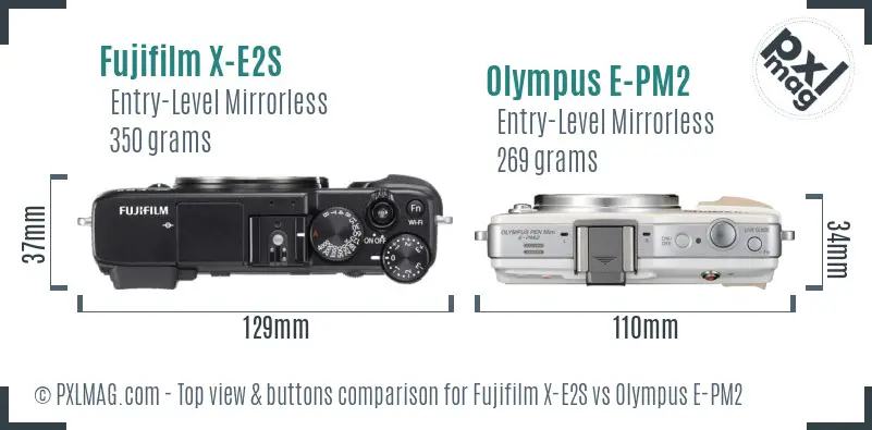 Fujifilm X-E2S vs Olympus E-PM2 top view buttons comparison