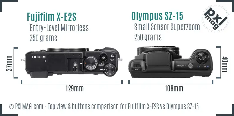 Fujifilm X-E2S vs Olympus SZ-15 top view buttons comparison