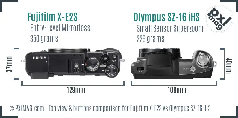 Fujifilm X-E2S vs Olympus SZ-16 iHS top view buttons comparison