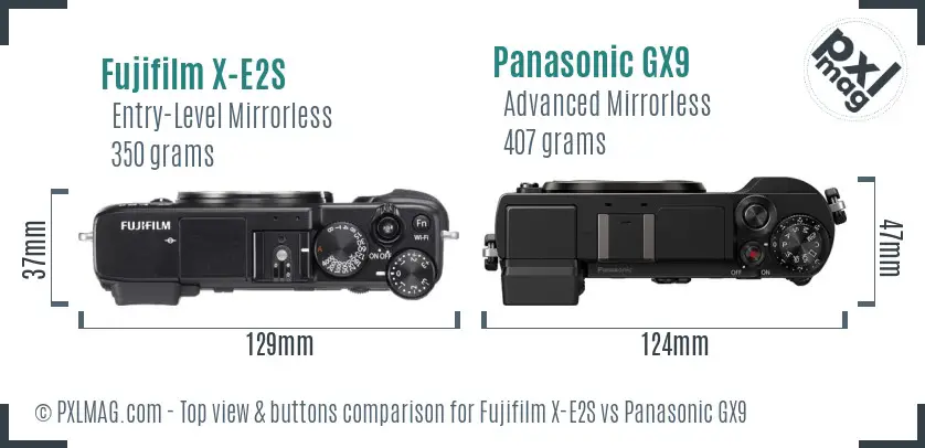 Fujifilm X-E2S vs Panasonic GX9 top view buttons comparison