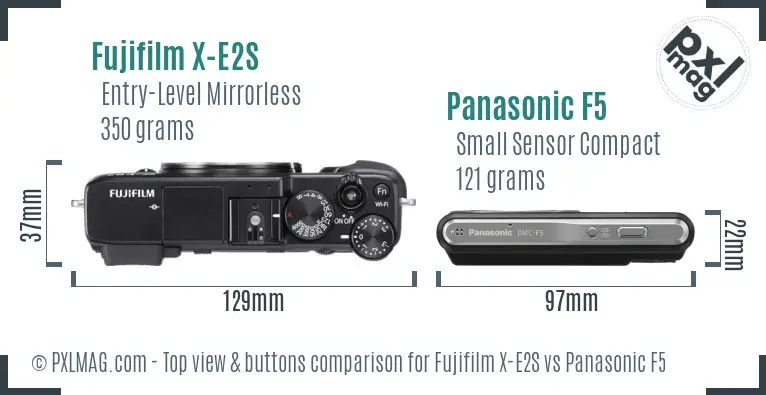 Fujifilm X-E2S vs Panasonic F5 top view buttons comparison