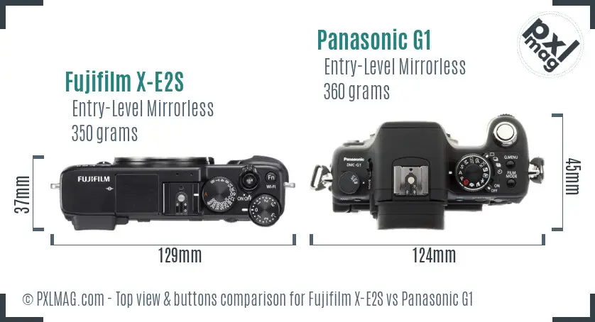 Fujifilm X-E2S vs Panasonic G1 top view buttons comparison