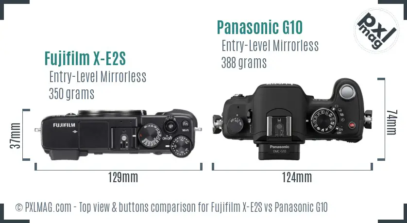 Fujifilm X-E2S vs Panasonic G10 top view buttons comparison
