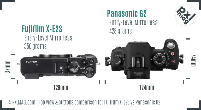 Fujifilm X-E2S vs Panasonic G2 top view buttons comparison