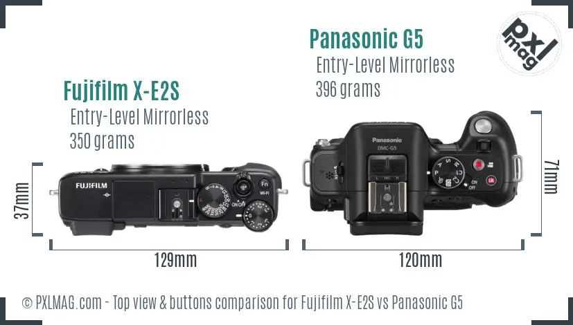Fujifilm X-E2S vs Panasonic G5 top view buttons comparison