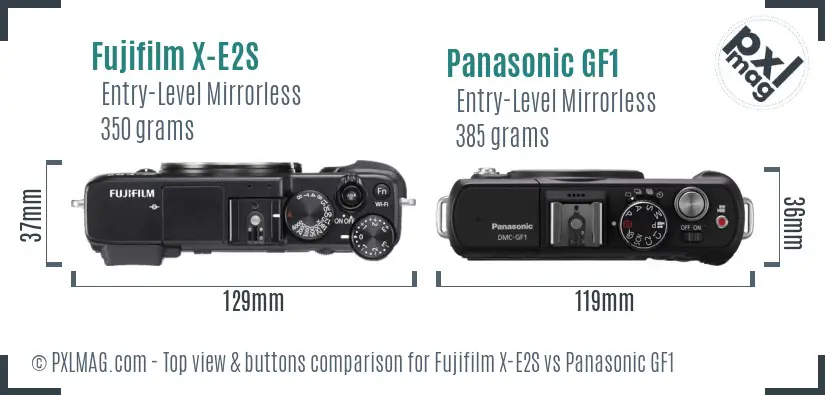 Fujifilm X-E2S vs Panasonic GF1 top view buttons comparison