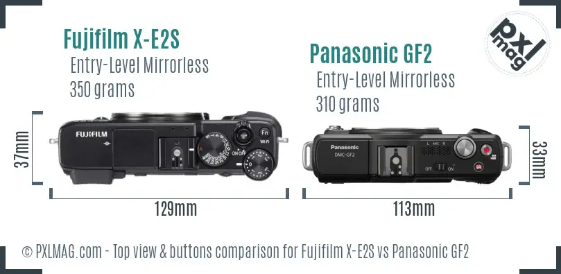 Fujifilm X-E2S vs Panasonic GF2 top view buttons comparison