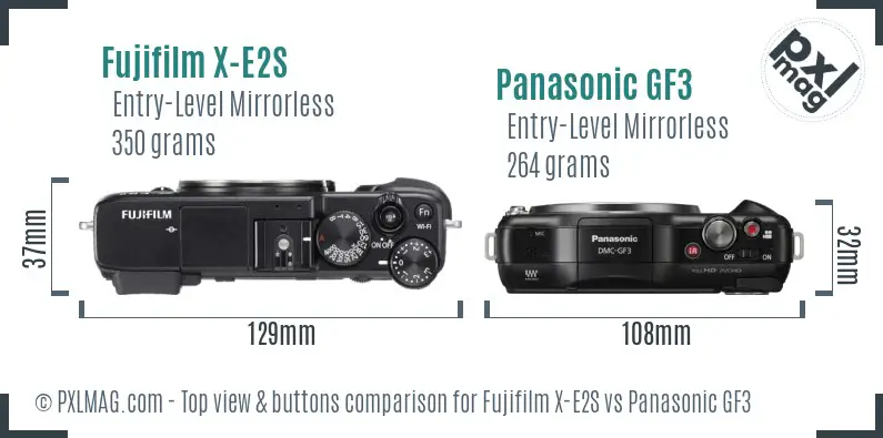 Fujifilm X-E2S vs Panasonic GF3 top view buttons comparison