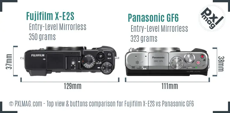 Fujifilm X-E2S vs Panasonic GF6 top view buttons comparison