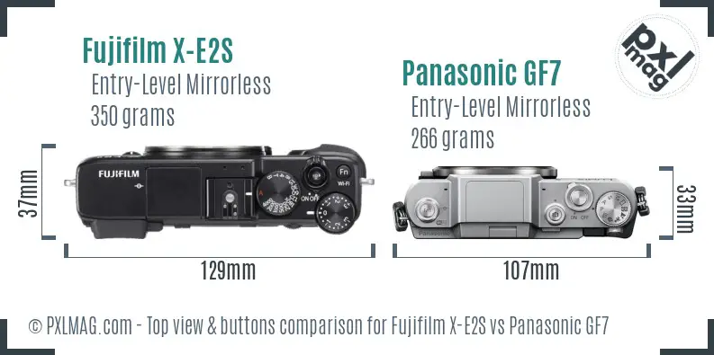 Fujifilm X-E2S vs Panasonic GF7 top view buttons comparison