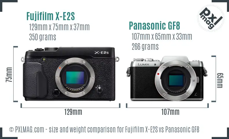 Fujifilm X-E2S vs Panasonic GF8 size comparison
