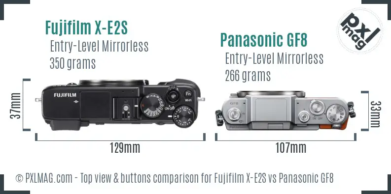 Fujifilm X-E2S vs Panasonic GF8 top view buttons comparison