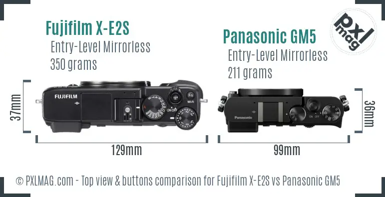 Fujifilm X-E2S vs Panasonic GM5 top view buttons comparison