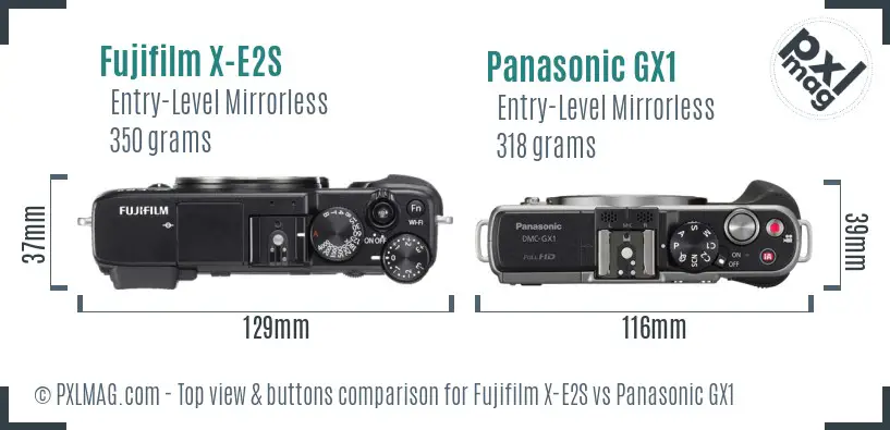 Fujifilm X-E2S vs Panasonic GX1 top view buttons comparison