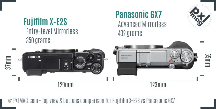 Fujifilm X-E2S vs Panasonic GX7 top view buttons comparison