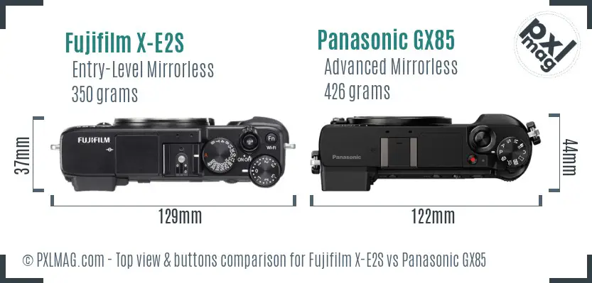 Fujifilm X-E2S vs Panasonic GX85 top view buttons comparison Fujifilm X-E2S vs Panasonic GX85 top view buttons comparison