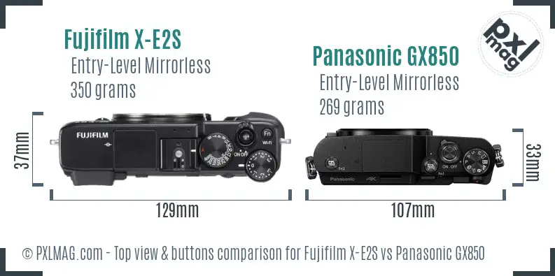 Fujifilm X-E2S vs Panasonic GX850 top view buttons comparison