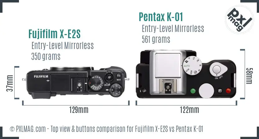 Fujifilm X-E2S vs Pentax K-01 top view buttons comparison
