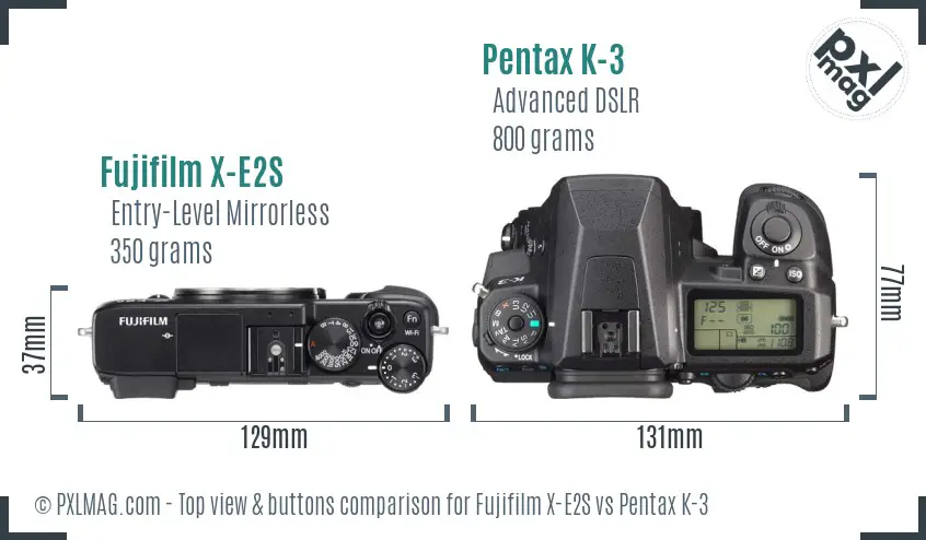 Fujifilm X-E2S vs Pentax K-3 top view buttons comparison