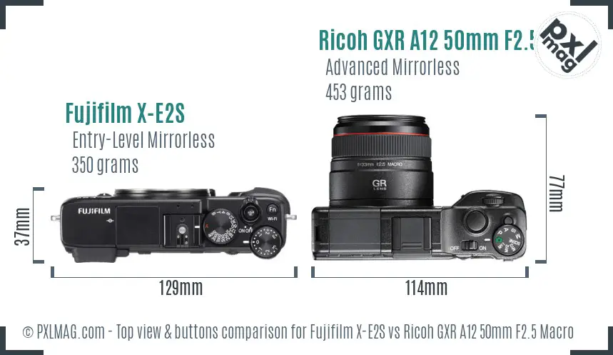 Fujifilm X-E2S vs Ricoh GXR A12 50mm F2.5 Macro top view buttons comparison