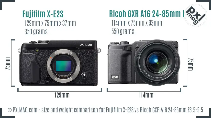 Fujifilm X-E2S vs Ricoh GXR A16 24-85mm F3.5-5.5 size comparison