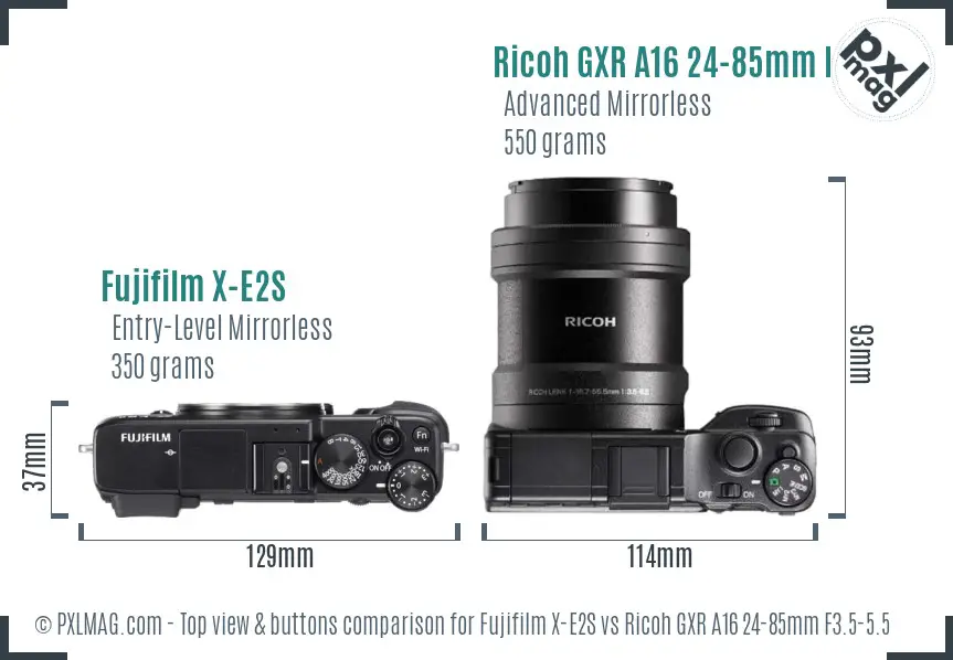 Fujifilm X-E2S vs Ricoh GXR A16 24-85mm F3.5-5.5 top view buttons comparison