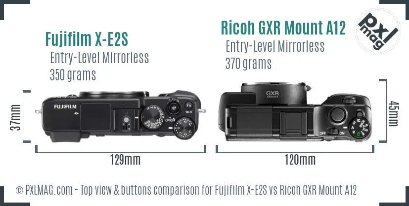 Fujifilm X-E2S vs Ricoh GXR Mount A12 top view buttons comparison