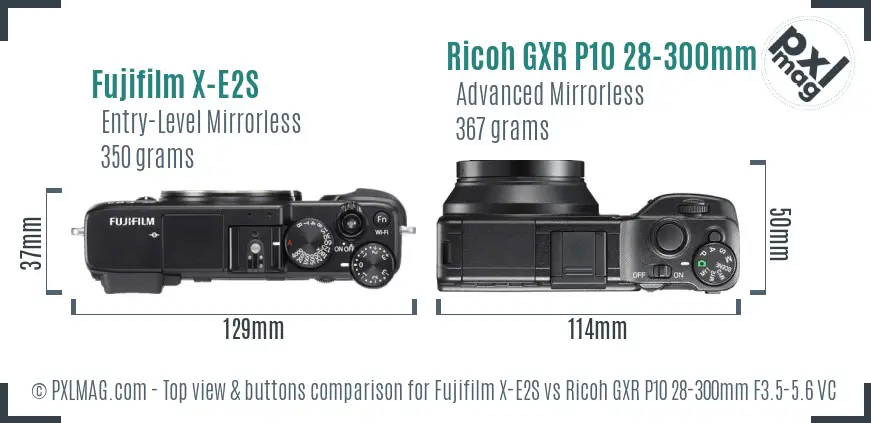 Fujifilm X-E2S vs Ricoh GXR P10 28-300mm F3.5-5.6 VC top view buttons comparison