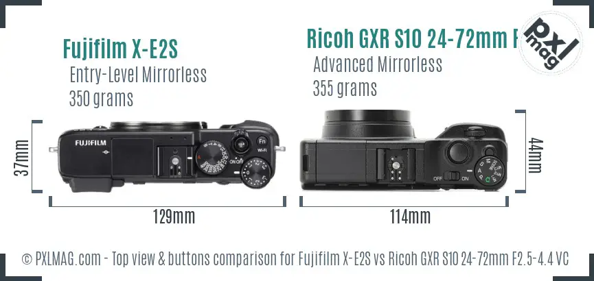 Fujifilm X-E2S vs Ricoh GXR S10 24-72mm F2.5-4.4 VC top view buttons comparison