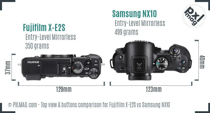 Fujifilm X-E2S vs Samsung NX10 top view buttons comparison
