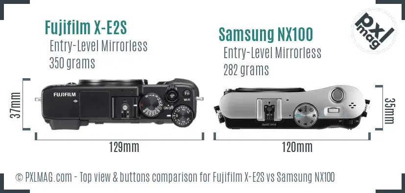 Fujifilm X-E2S vs Samsung NX100 top view buttons comparison