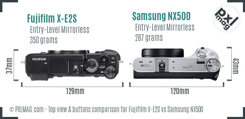 Fujifilm X-E2S vs Samsung NX500 top view buttons comparison