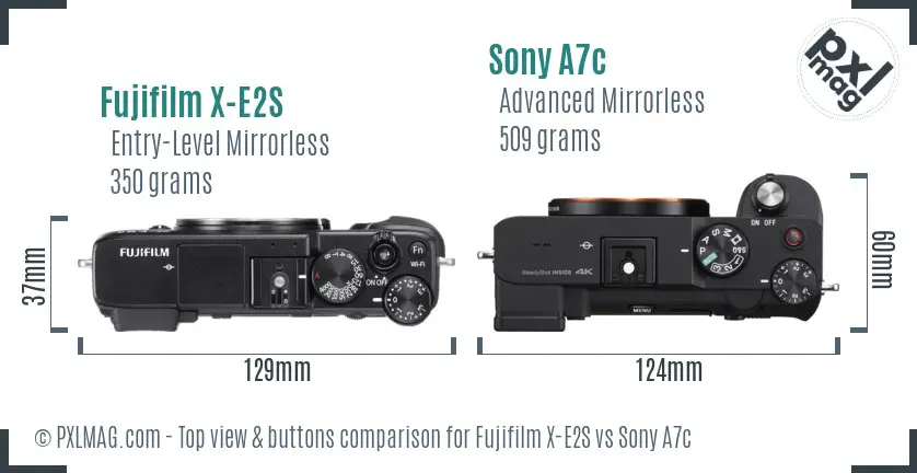 Fujifilm X-E2S vs Sony A7c top view buttons comparison