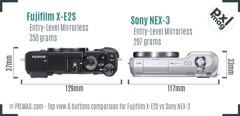 Fujifilm X-E2S vs Sony NEX-3 top view buttons comparison