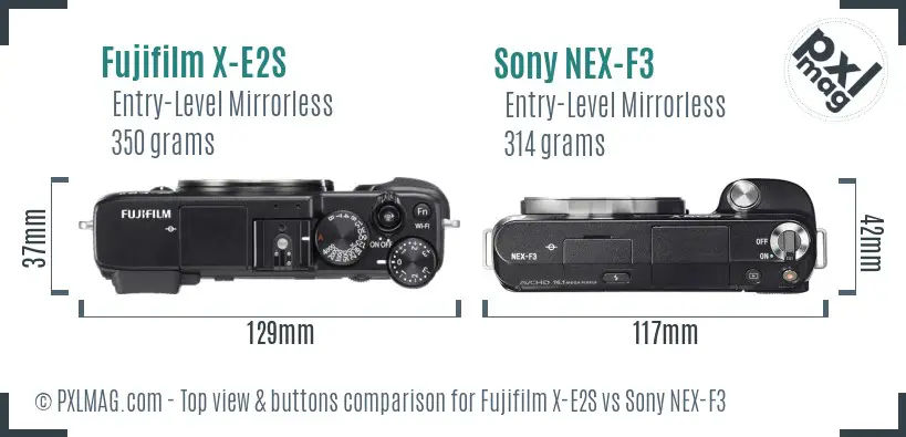 Fujifilm X-E2S vs Sony NEX-F3 top view buttons comparison