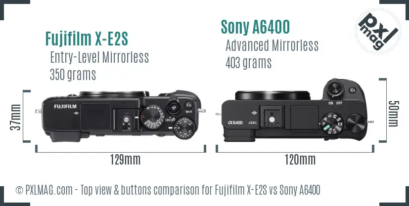 Fujifilm X-E2S vs Sony A6400 top view buttons comparison