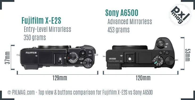 Fujifilm X-E2S vs Sony A6500 top view buttons comparison