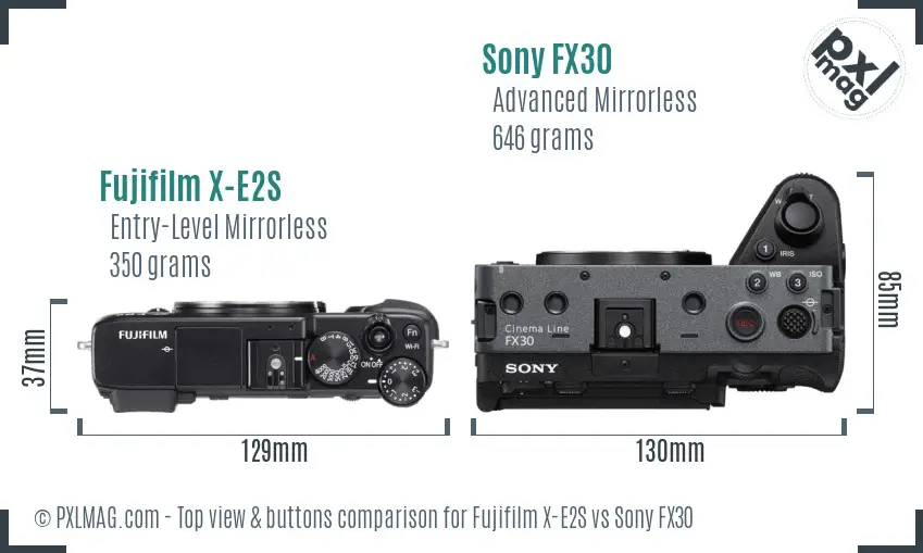 Fujifilm X-E2S vs Sony FX30 top view buttons comparison Fujifilm X-E2S vs Sony FX30 top view buttons comparison