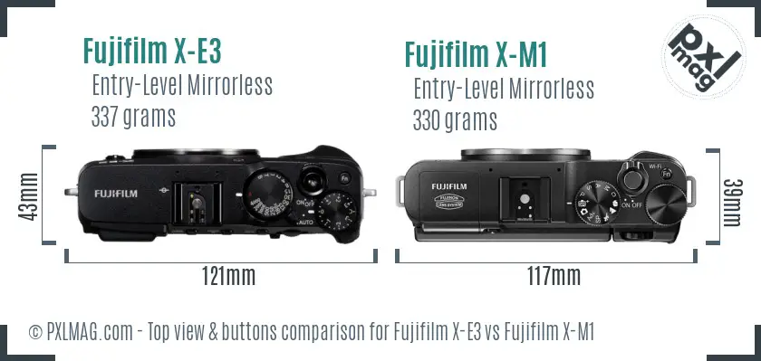 Fujifilm X-E3 vs Fujifilm X-M1 top view buttons comparison