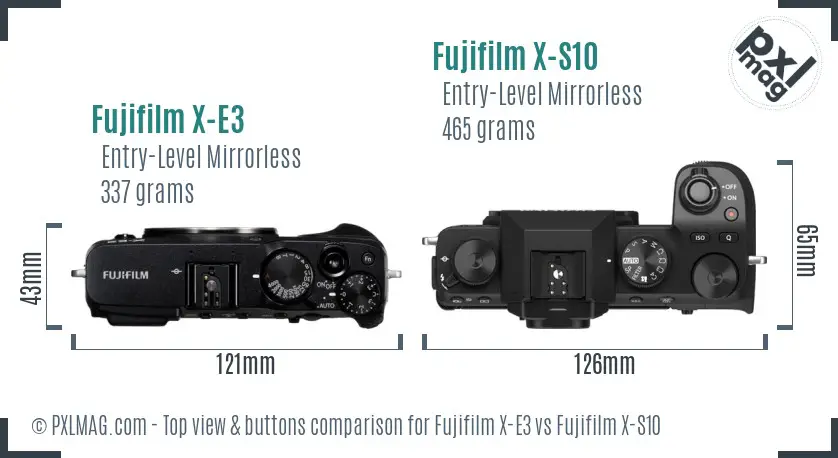 Fujifilm X-E3 vs Fujifilm X-S10 top view buttons comparison