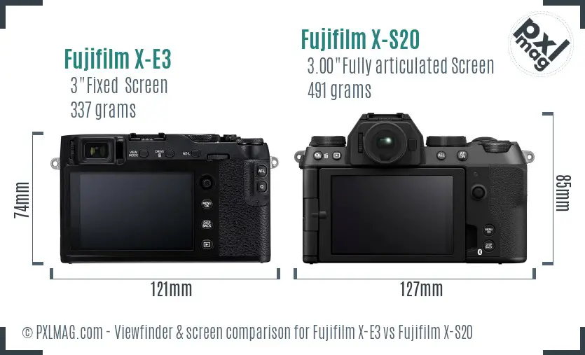 Fujifilm X-E3 vs Fujifilm X-S20 Screen and Viewfinder comparison