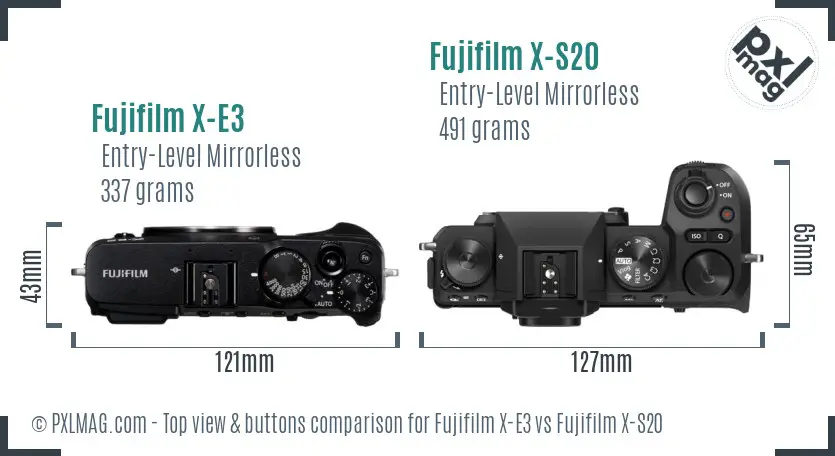 Fujifilm X-E3 vs Fujifilm X-S20 top view buttons comparison