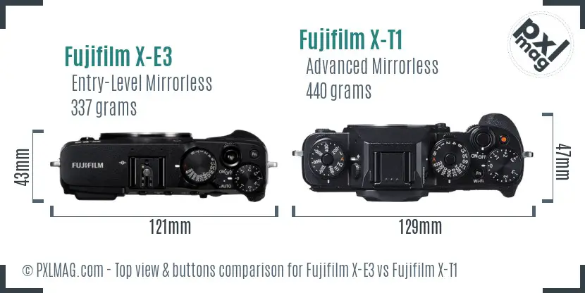 Fujifilm X-E3 vs Fujifilm X-T1 top view buttons comparison Fujifilm X-E3 vs Fujifilm X-T1 top view buttons comparison
