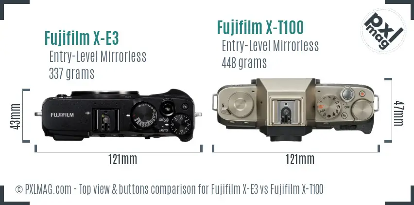 Fujifilm X-E3 vs Fujifilm X-T100 top view buttons comparison